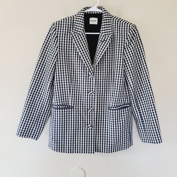 KHAITE Womens Gingham Check Four Button Blazer Size 10 Black White Pockets Silk - Picture 1 of 9